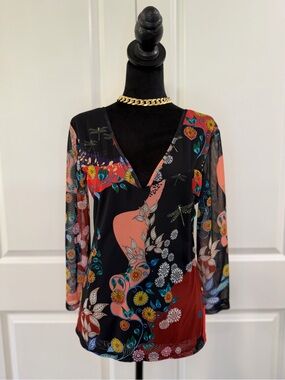 EDAS Made in Italy Floral Print V-Neck Long Sleeve Mesh Blouse US Size 10